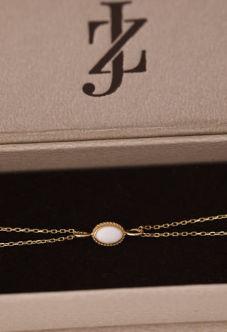 Minimal Beyaz Mineli Çift Zincirli 14 Ayar Altın Bilekliik