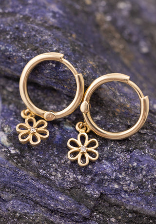 Taşlı Papatyalı 14 Ayar Altın Halka Küpe