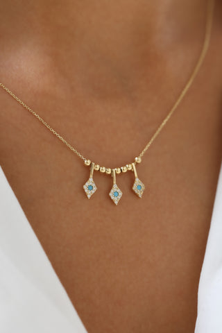 Üç Sıralı Mavi Taş Detaylı 14 Ayar Altın Kolye