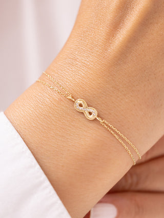 Taşlı Sonsuzluk Figürlü Çift Zincirli 14 Ayar Altın Bileklik