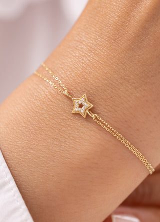 Taşlı Yıldız Çift Zincirli 14 Ayar Altın Bileklik