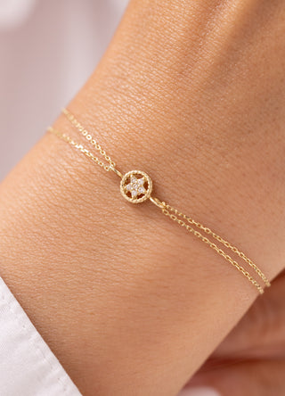 Zarif Yıldızlı Taşlı Çift Zincirli 14 Ayar Bileklik