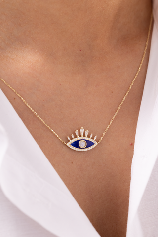Mystic Eye İnci Taşlı Lacivert Nazar 14 Ayar Altın Kolye