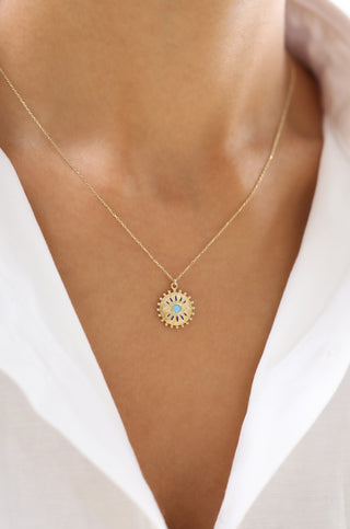 Antik Dokulu Turkuaz Gözlü 14 Ayar Altın Kolye