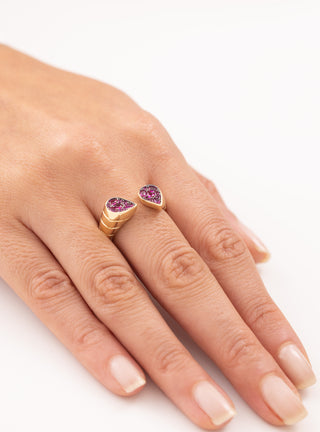 Cetaş Çift Damla Pembe Taşlı Açık Model 14 Ayar Altın Yüzük