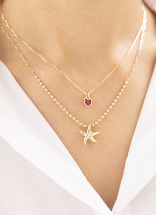 Cetaş Kırmızı Taşlı Kalpli Yıldızlı Çift Zincirli 14 Ayar Altın Kolye