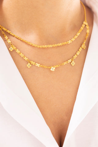 Çiçek Detaylı Çift Zincirli 14 Ayar Altın Kolye