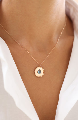 Damla Kesim Mavi Taşlı Yuvarlak 14 Ayar Altın Kolye