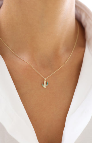 Kaktüs Figürlü Yeşil Mine Detaylı 14 Ayar Altın Kolye