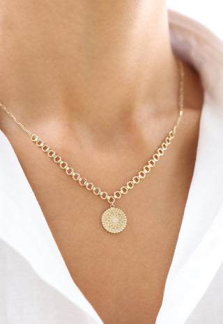 Kalın Zincirli Taşlı Madalyon 14 Ayar Altın Kolye