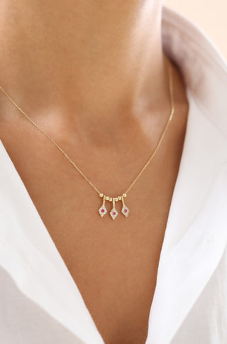 Pembe Taşlı Üçlü Tasarım 14 Ayar Altın Kolye