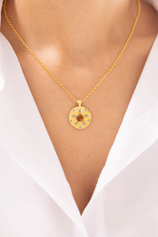 Turuncu Taşlı Antik Güneş 14 Ayar Altın Kolye