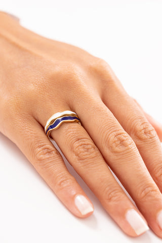 Lacivert Beyaz Mine Dalga Desenli 14 Ayar Altın Yüzük