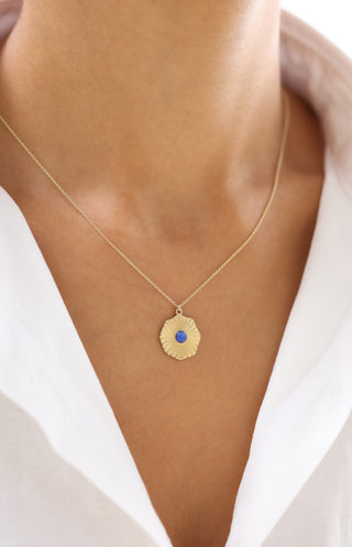 Mavi Doğal Taşlı Işın Desenli 14 Ayar Altın Kolye