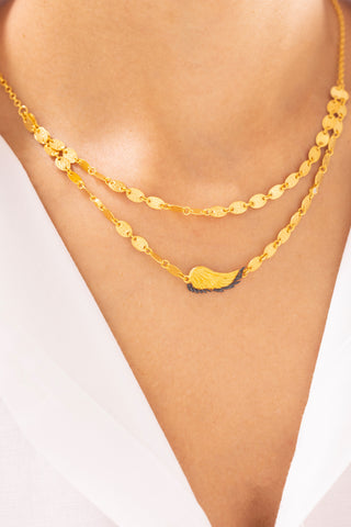 Melek Kanadı Desenli Çift Zincirli 14 Ayar Altın Kolye