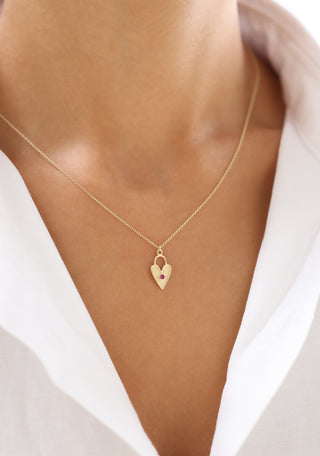 Pembe Taşlı Kalp Kilit 14 Ayar Altın Kolye