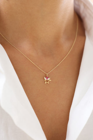 Pembe ve Beyaz Taşlı Yıldız 14 Ayar Altın Kolye