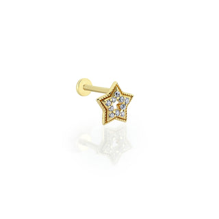Halat Çerçeveli Taşlı Yıldız 14 Ayar Altın Piercing