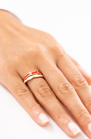 Renkli Mine Dalga Desenli 14 Ayar Altın Yüzük