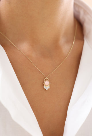 Yuvarlak Pembe Taşlı Baget 14 Ayar Altın Kolye