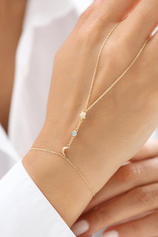 Turkuaz Taşlı Ay Yıldız Figürlü 14 Ayar Altın Şahmeran