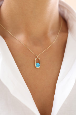 Turkuaz Taşlı Dikdörtgen 14 Ayar Altın Kolye