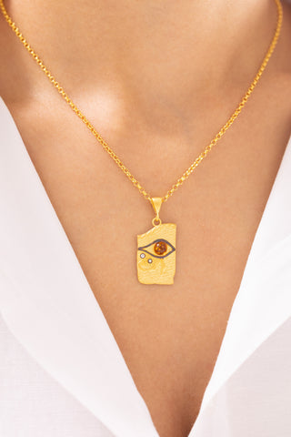 Turuncu Taşlı Antik Göz Detaylı 14 Ayar Altın Kolye