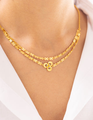 Üçlü Motifli Çift Zincirli 14 Ayar Altın Kolye