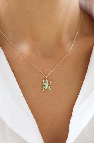 Yeşil Mineli Kurbağa 14 Ayar Altın Kolye