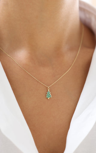 Yeşil Mineli Çam Ağacı 14 Ayar Altın Kolye