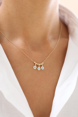 Yuvarlak Halkalı Mavi Taşlı 14 Ayar Altın Kolye